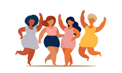 Fat plump happy girls, female in summer dress dancing, enjoying the lifestyle. The concept of a day without diets, body positivity, women's day, spring, mood, self-acceptance with excess weight