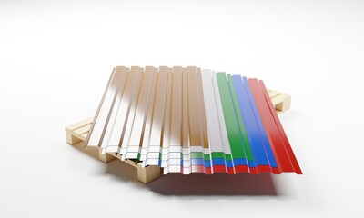 3D render of a metal profiled panel on pallet in the assortment of five popular colors isolated on a white background.Illustration of a digital image for business and industrial.