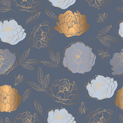 Modern seamless pattern with grey and gold spring flowers. Grey floral background for textile, fabric manufacturing, wallpaper, covers, surface, print, gift wrap, scrapbooking. Vector.
