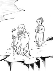 Children's book illustration, ancient Chinese story, digital art, black and white.