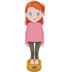 Weight loss children. little girl use weight scale. kid vector.