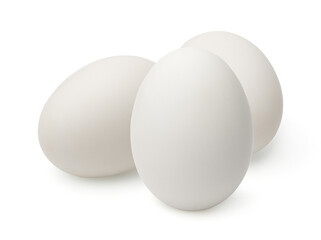 Three white eggs isolated on white background,.Duck eggs.