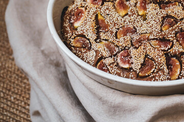 Vegan pie with figs in a ceramic bowl