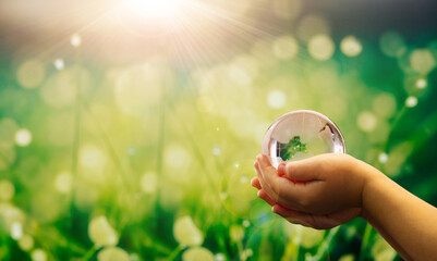 Environment, save clean planet, ecology concept. Child hands holding crystal earth globe and growing tree.  Earth Day banner with  copy space