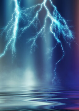 Dramatic empty nature background. Dark night view of the city during a thunderstorm. Flashing lightning. Reflection of light on water. 3d illustration