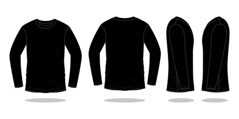 Blank black long sleeve t-shirt template on a white background. Front, back and side views, vector File
