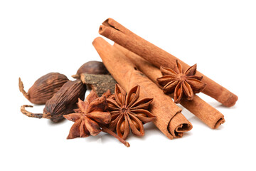 Various seasonings on white background 