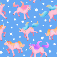 Pink Unicorns seamless pattern on blue background. Cute illustration for kids. Fantasy animals for wrapping paper, wallpaper, textile, fabric, print.