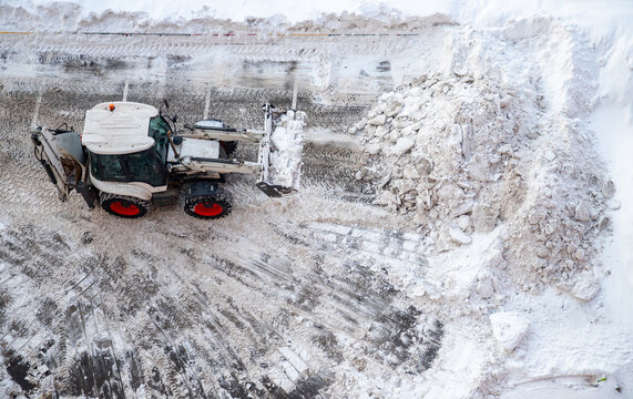 Snow removal excavator truck, Drone top view