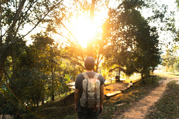 Fototapeta premium Man hiking in nature green forest and pagoda