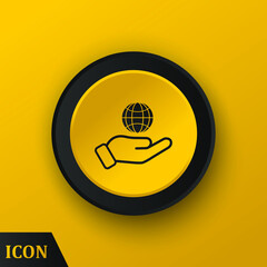 Hand holding world line icon on colored button