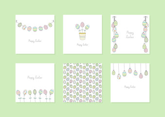 Easter concept set. Collection of cute cards and backgrounds with doodle easter eggs. Vector 10 EPS.