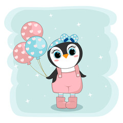 Cute baby girl penguin with balloons. Perfect for greeting cards, party invitations, posters, stickers, pin, scrapbooking, icons. Vector illustration.