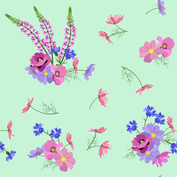 Seamless vector illustration with kosmeya flowers, lupine, poppy and cornflowers in a light background.