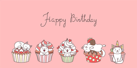 Happy Birthday. Cute greeting card with a little white kittens playing with cupcakes. Vector 10 EPS.