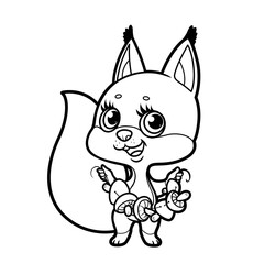 Cute cartoon fluffy squiCute cartoon fluffy squirrel holds a rope with strung mushrooms outline for coloring on a white background