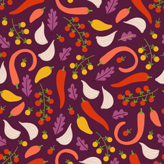 Vegetables seamless pattern with garlic, cherry tomato, pepper, arugula