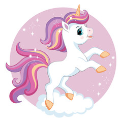 Cute cartoon unicorn on cloud vector illustration