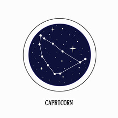 The zodiac constellation of Capricorn is a cluster of celestial bodies against a dark blue starry sky. Vector EPS 10.
