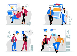 Obraz na płótnie Canvas Set of diverse business people among graphs. Office working process infographics for any business concept as analytics, brainstorming or partnership and others, flat vector isolated on white.