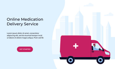 COVID-19. Quarantine. Coronavirus epidemic. Delivery man in a protective mask delivers medicine by car. Free medicament shipping. Web page template
