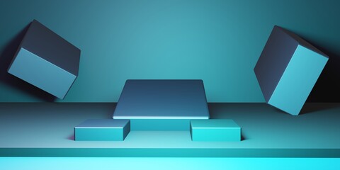 Podium in abstract blue composition, 3d render, 3d illustration,  Mock up for product review.
