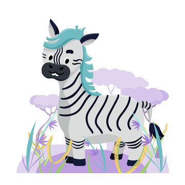 Cute zebra in Africa with flower and grass on white background.