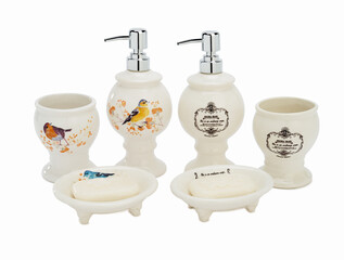 Decorated ceramic bathroom accessories isolated