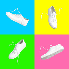 Flying white leather womens sneakers on multicolored background. Fashionable stylish sports casual...