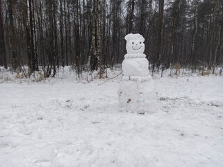 photo of a snowman on a winter day. winter forest. landscape with snow. snowman on the background of the forest in the snow.