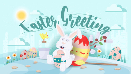 Easter greeting Large inscription Rabbit holding a painted egg in its paws on sitting in a clearing flat vector illustration banner for holiday design decoration