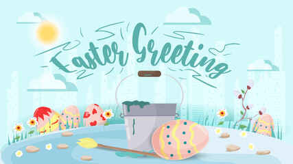 Easter greeting Large lettering bucket with paint and brush for coloring eggs flat vector illustration banner for holiday design decoration