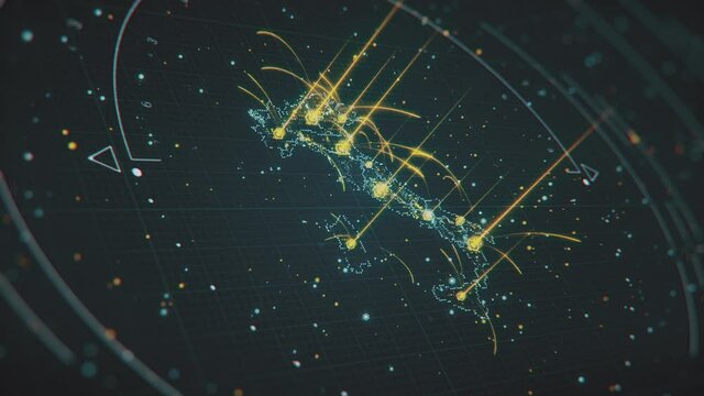 Flashing highlighted Italy Map with glowing areas and interstate light connections. Scanning of Italy Map through hi-tech futuristic sight and visuals with connecting light points and lines.
