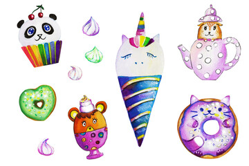 Cute Kawaii sweets, unicorn ice-cream, panda cupcake, cat donut