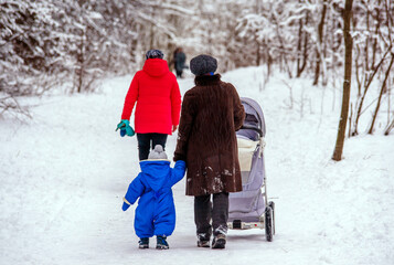 A woman with a child walks in a winter park
