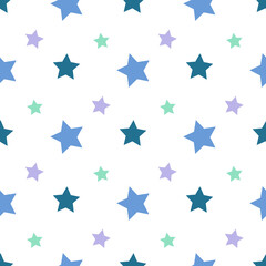 Seamless pattern in blue and light green and violet stars for fabric, textile, clothes, tablecloth and other things. Vector image.
