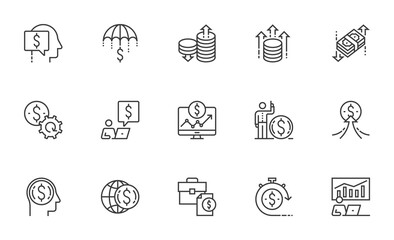 Finance Management, Investment Growth, Wealth Management, Trade Strategy. Set of Vector Line Icons. Editable Stroke. 64x64 Pixel Perfect.