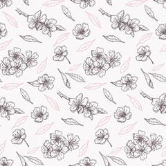 spring seamless pattern with vintage blooming cherry on a light background