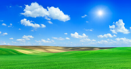 Idyllic view, sun shining over green rolling fields