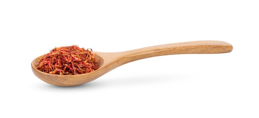 safflower in wood spoon on white background