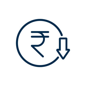 Decreasing value of rupee. Cost reduction icon concept isolated on white background. Vector illustration
