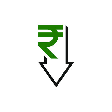 Decreasing value of rupee. Cost reduction icon concept isolated on white background. Vector illustration