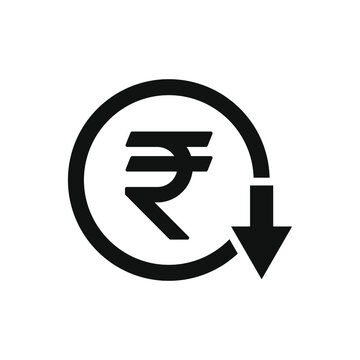 Decreasing value of rupee. Cost reduction icon concept isolated on white background. Vector illustration