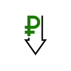 Decreasing value of rouble. Cost reduction icon concept isolated on white background. Vector illustration