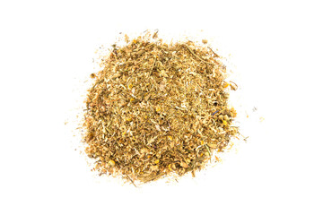 a pile of dried chamomile flowers on a white background
