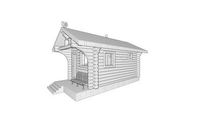 Black and white hand-drawn picture of a tiny wooden log house on an isolated white background