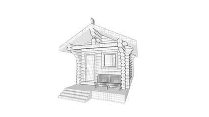 a non-color illustration of a building with steps, a colorful carved rooster on the roof, a door, a window, and a window at the end of the architectural structure