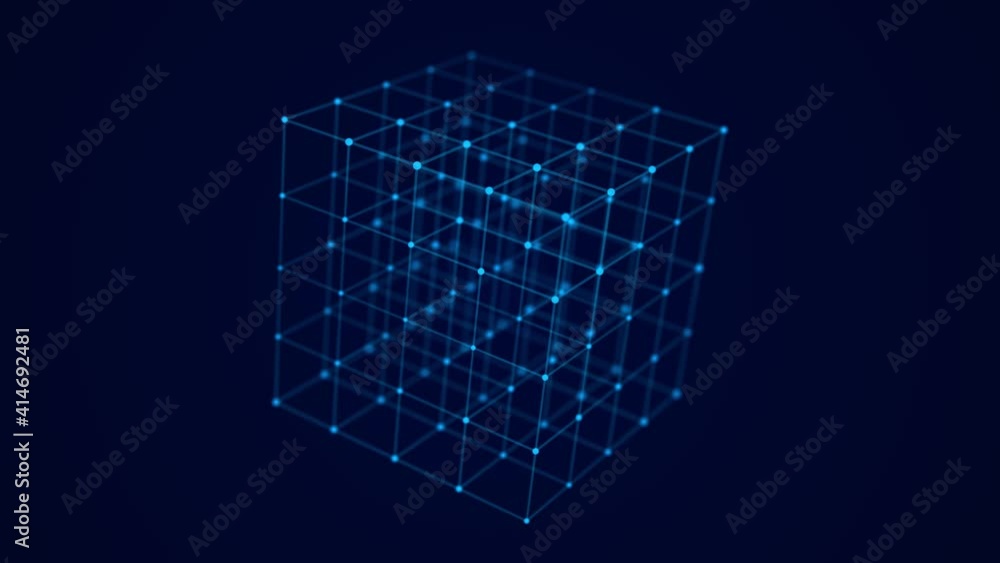 Poster Abstract wireframe cube. Digital blockchain concept. Futuristic blue background with dots and lines. 3D rendering.