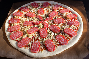 Raw dough for pizza preparation with ingredient: pepperoni, tomato sauce, parmesan, tomatoes, olive oil, cheese, spices. Italian pizza margherita