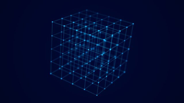 Abstract wireframe cube. Digital blockchain concept. Futuristic blue background with dots and lines. 3D rendering.